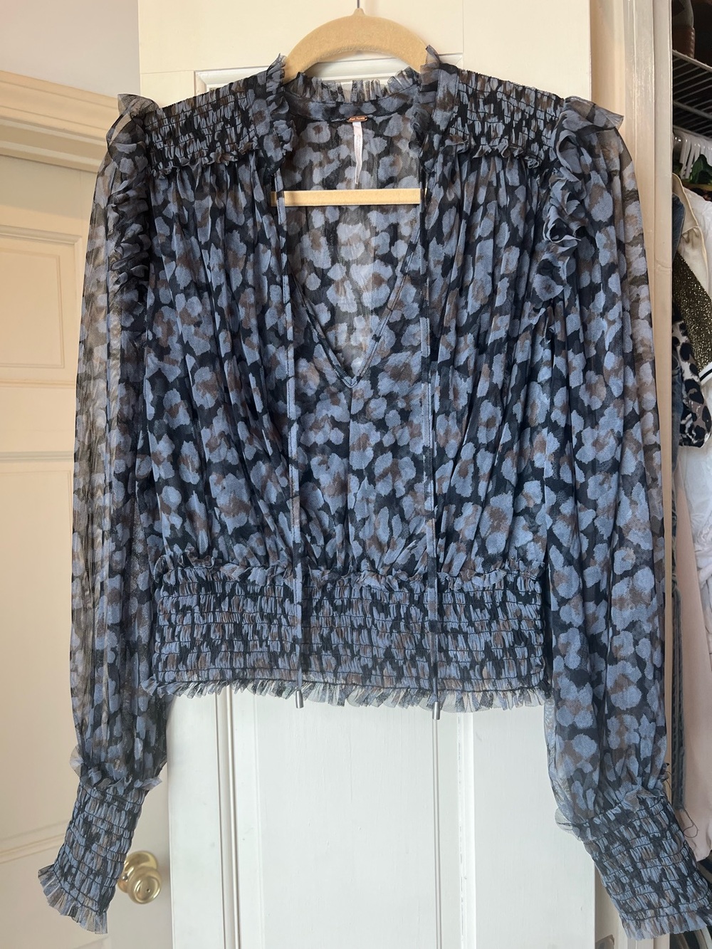 Free People Blue and Black Floral Smocked Waist Sheer Blouse